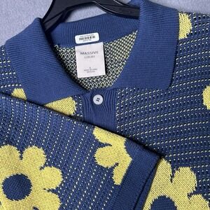 Massive Luxury Knit Crochet Mens Short Sleeve Shirt Size Large Blue Floral New